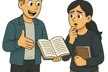 Illustration 2D de style cartoon montrant deux personnages découvrant le début d’un livre, sur fond blanc.