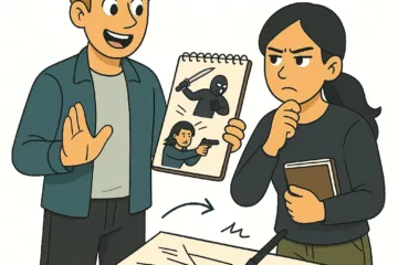 Illustration 2D de style cartoon montrant deux personnages travaillant sur une scène d’action, l’un tenant un carnet avec des dessins de combats et l’autre réfléchissant devant un plan avec des flèches, sur fond blanc.