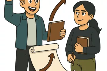 Illustration 2D de style cartoon montrant deux personnages célébrant la fin d’un livre, avec un parchemin et une flèche pointant vers une étoile, sur fond blanc.