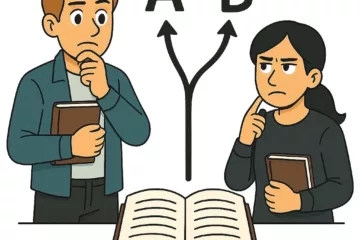 Illustration 2D de style cartoon montrant deux personnages pensifs face à un livre ouvert, avec deux flèches partant vers des choix différents, sur fond blanc.