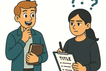 Illustration 2D de style cartoon montrant deux personnages en train de réfléchir à un titre de livre, l’un tenant un livre avec un air inspiré et l’autre écrivant sur un clipboard, sur fond blanc.