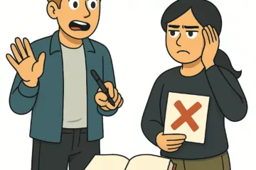 Illustration 2D de style cartoon montrant deux personnages préoccupés par une erreur dans un document, avec un livre ouvert sur la table, sur fond blanc.