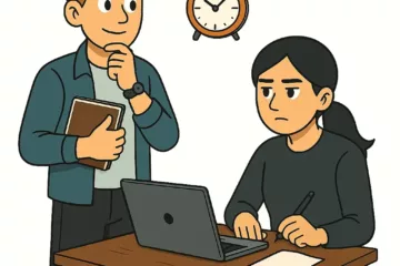 Illustration 2D de style cartoon montrant deux personnages en pleine séance d’écriture, avec une horloge au-dessus indiquant 9 heures, sur fond blanc.