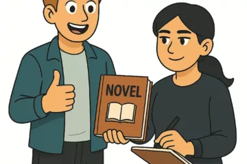 Illustration 2D de style cartoon montrant deux personnages souriants présentant un livre terminé, l’un tenant le livre et l’autre un carnet, sur fond blanc.