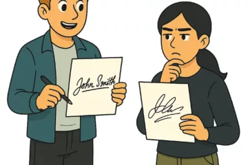 Illustration 2D de style cartoon montrant deux personnages comparant deux signatures différentes, sur fond blanc.