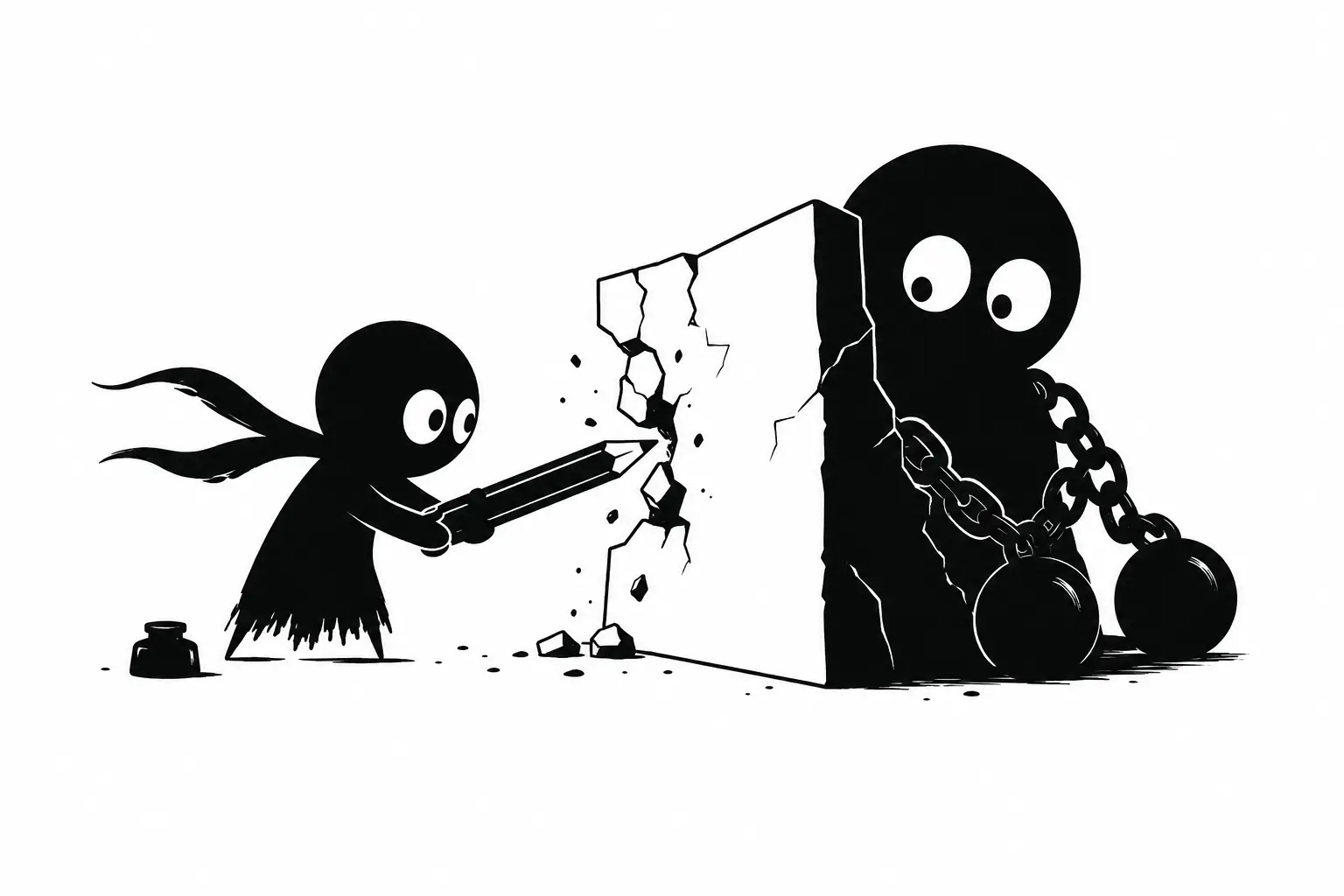 Kiro combat le blocage de l’écrivain en brisant un mur symbolique avec un crayon sur fond blanc minimaliste.