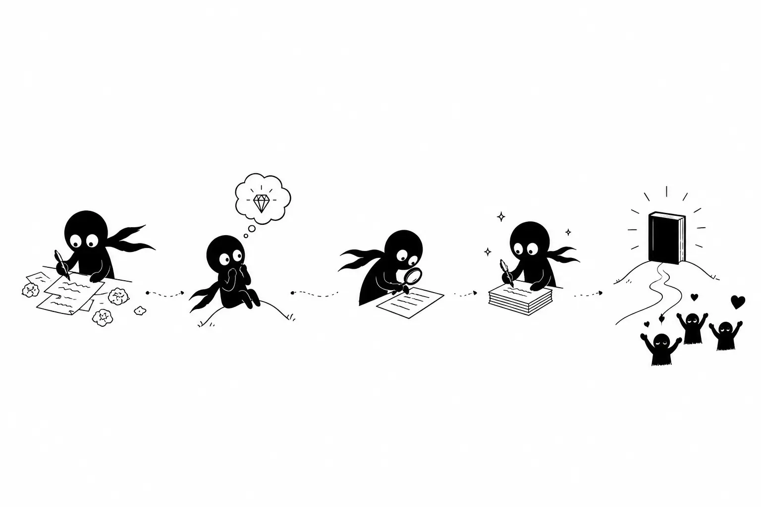 Illustration minimaliste de Kiro représentant le processus de révision d’un manuscrit, du brouillon imparfait au livre final prêt à être partagé.