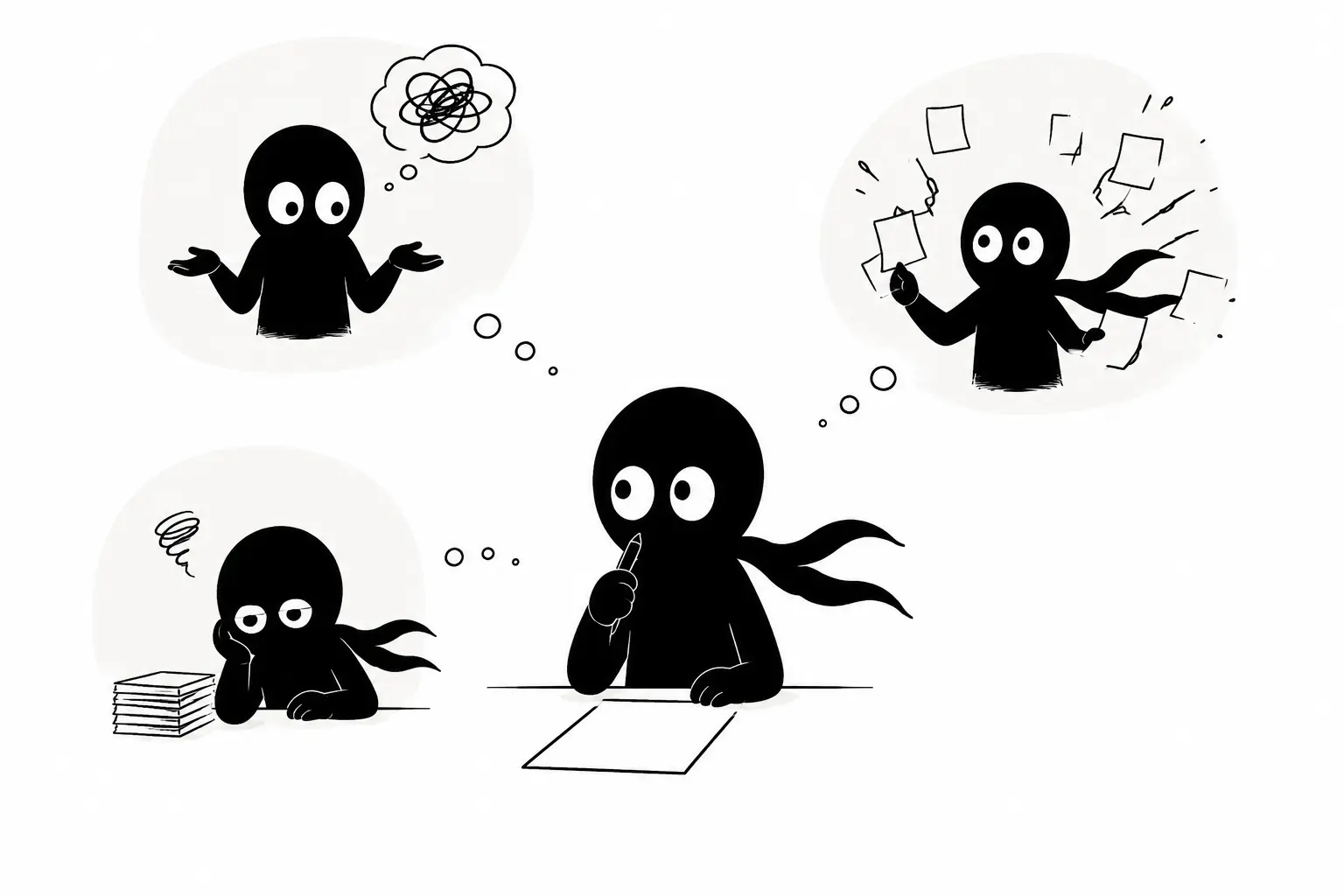 Illustration minimaliste de Kiro face à un blocage créatif, entouré de pensées confuses, de fatigue et d’un trop-plein d’idées, sur fond blanc.