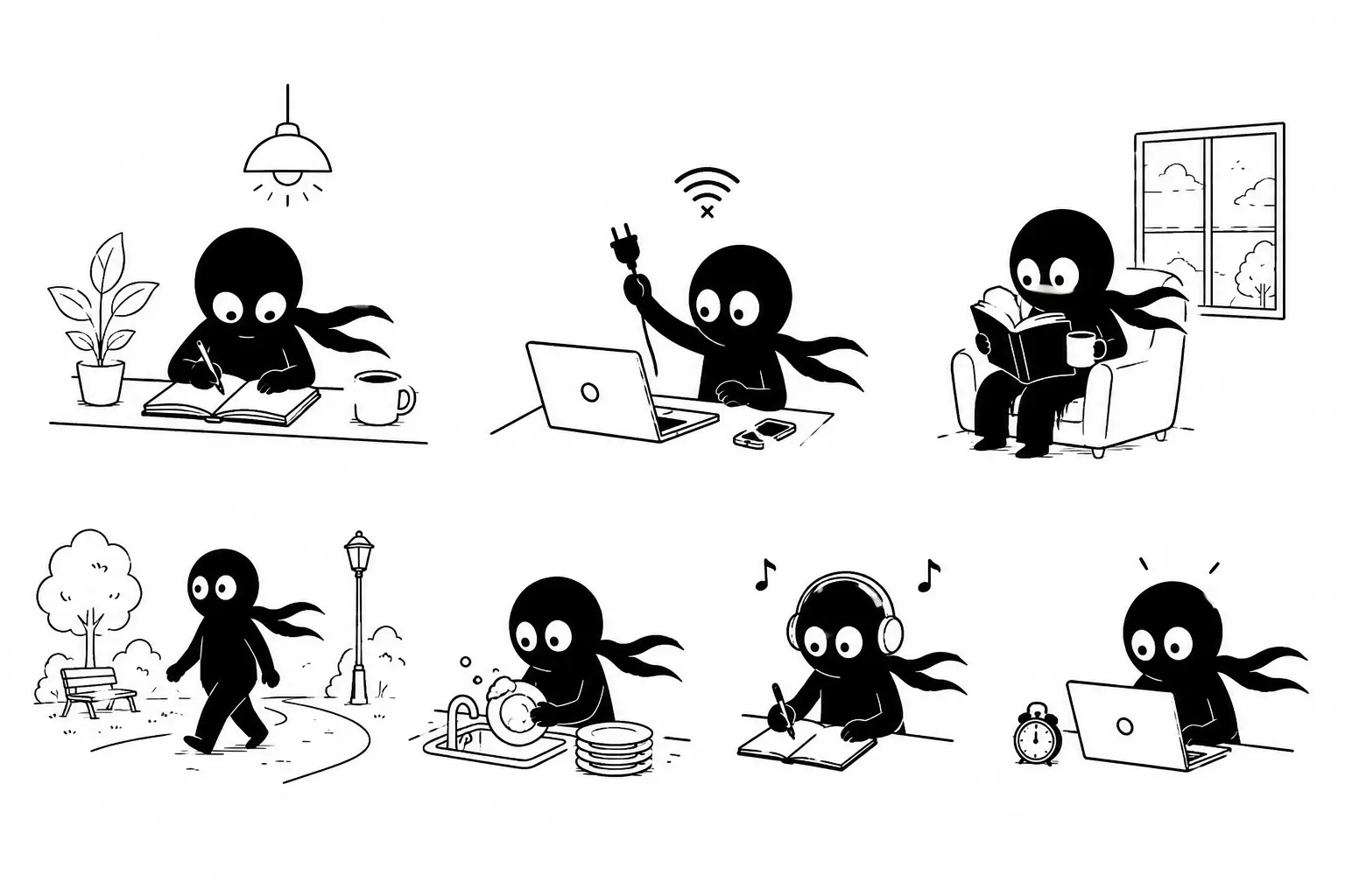 Illustration minimaliste en noir et blanc de Kiro montrant une routine créative : écriture, déconnexion numérique, lecture, marche, musique et concentration dans un espace calme.