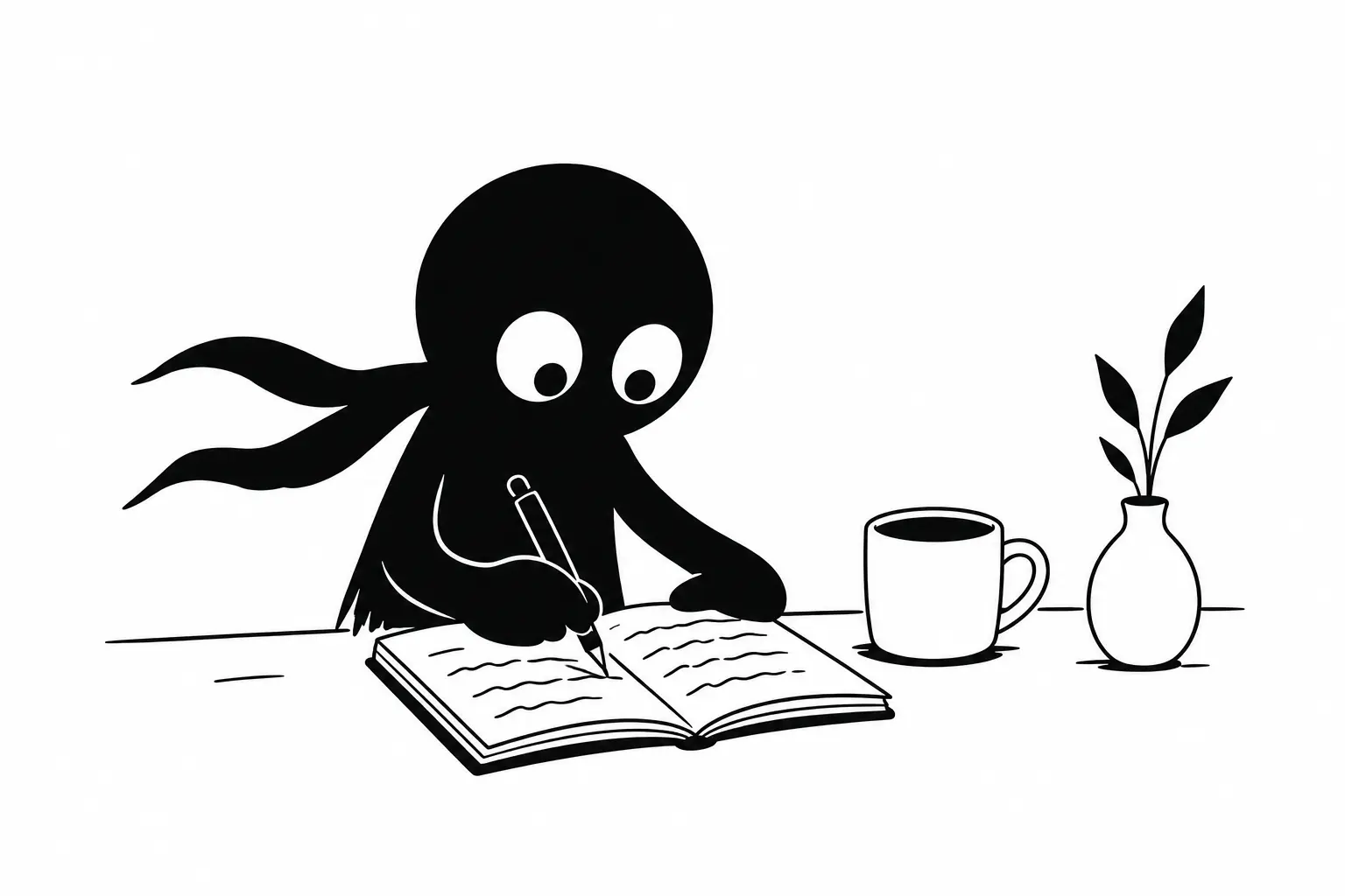 Illustration minimaliste en noir et blanc d’un personnage Kiro écrivant dans un carnet au réveil, symbolisant le rituel des Pages du Matin et la libération de la créativité.