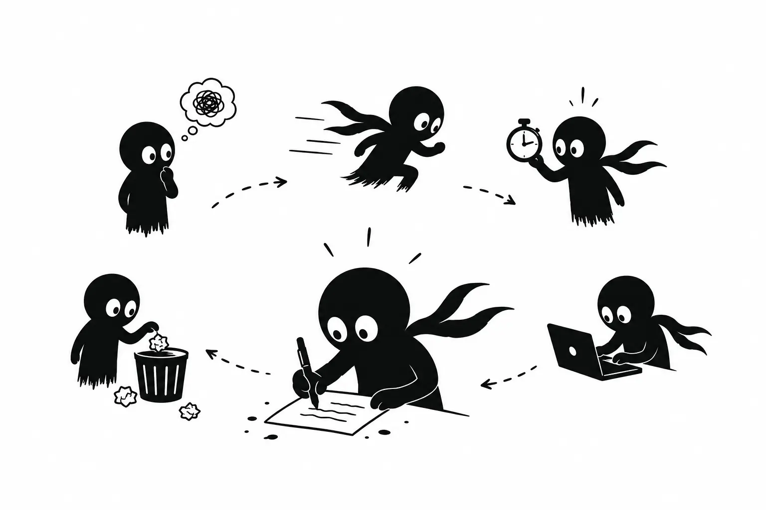 Illustration minimaliste en noir et blanc de Kiro écrivant pour dépasser le blocage créatif grâce à l’action immédiate et au mouvement.