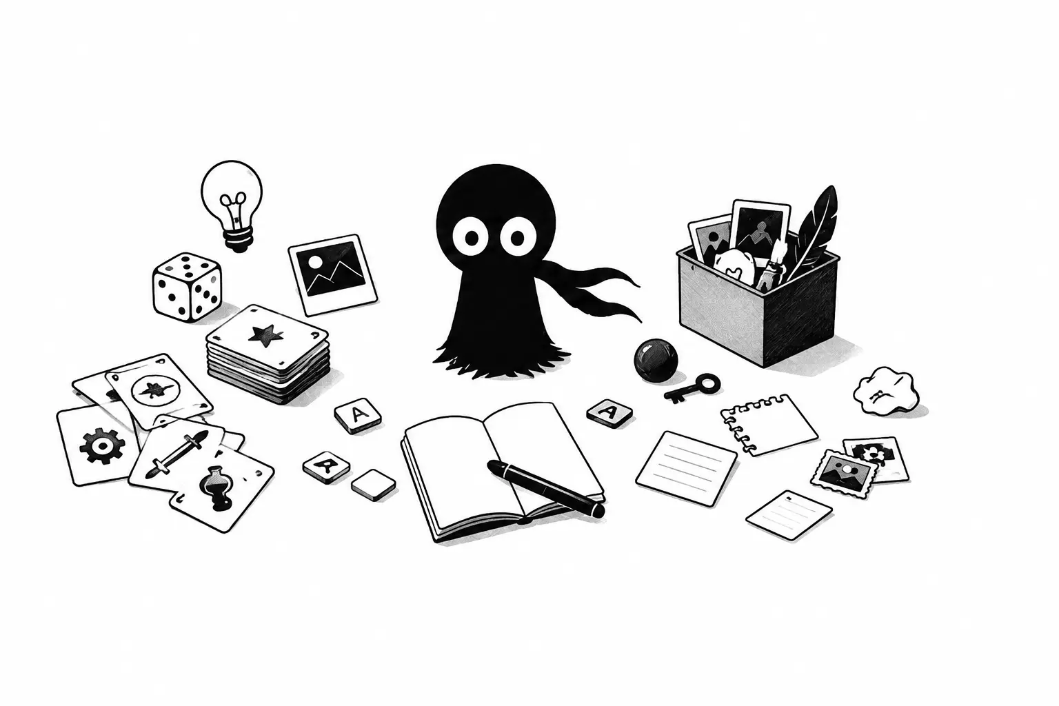 Illustration minimaliste en noir et blanc d’un personnage Kiro entouré d’objets créatifs comme des cartes, un carnet, une ampoule et une boîte à idées sur fond blanc.