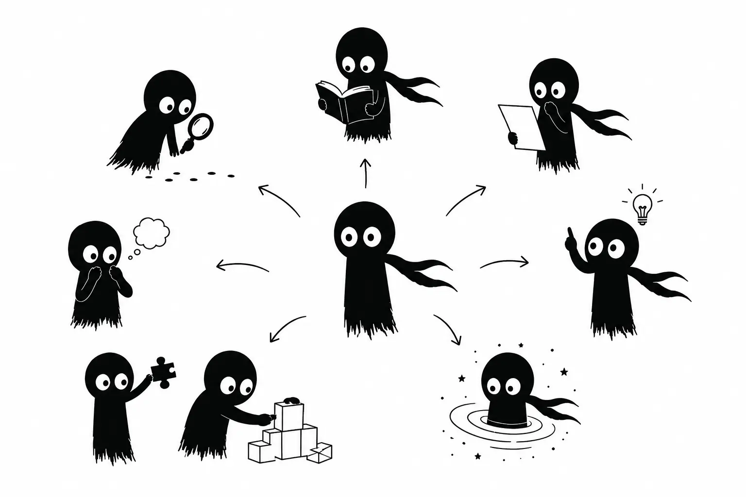 Illustration minimaliste de Kiro explorant différentes perspectives pour débloquer une intrigue, avec plusieurs versions du personnage en réflexion, observation et création sur fond blanc.