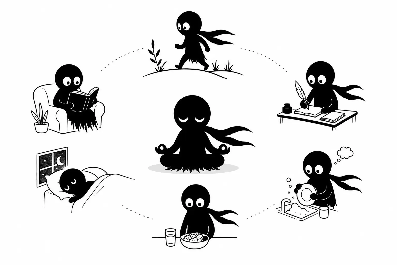 Illustration minimaliste en noir et blanc de Kiro pratiquant la méditation, la marche, l’écriture, le sommeil et des activités quotidiennes pour stimuler la créativité et le bien-être mental.