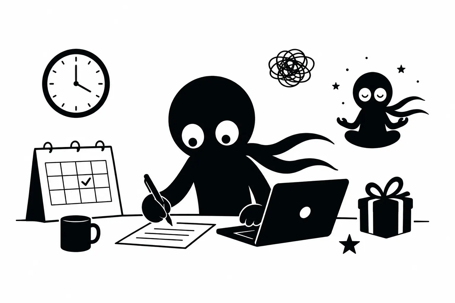 Illustration minimaliste de Kiro travaillant avec discipline à son bureau, entouré d’un ordinateur, d’un calendrier, d’une horloge et de symboles de concentration sur fond blanc.