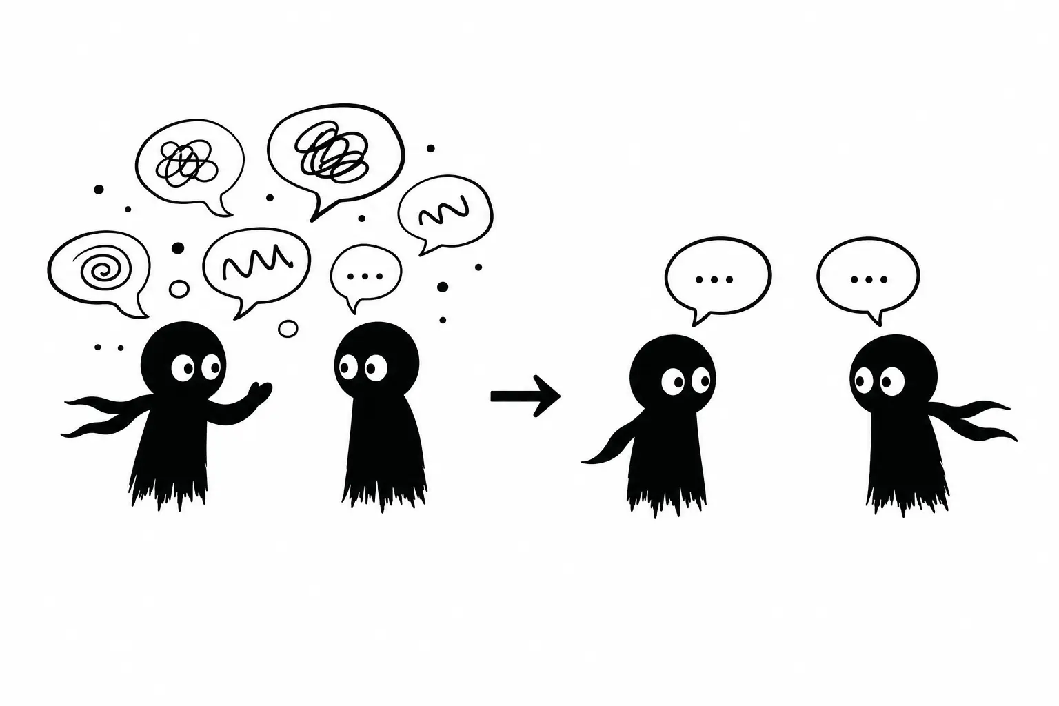 Kiro simplifie un dialogue chaotique pour créer une conversation claire et efficace dans une scène minimaliste en noir et blanc