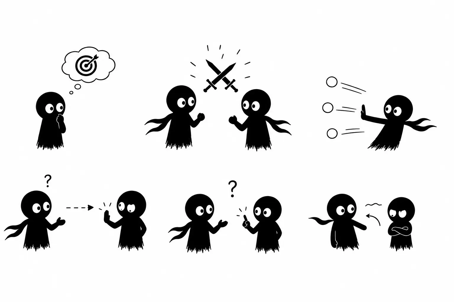 Kiro illustre des personnages aux objectifs opposés dans un dialogue narratif minimaliste en noir et blanc