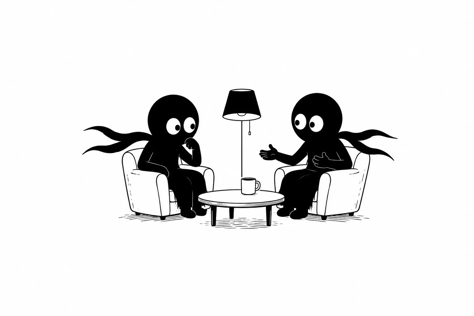 Kiro échange avec un autre personnage dans une scène ancrée par des gestes et des éléments du décor minimaliste