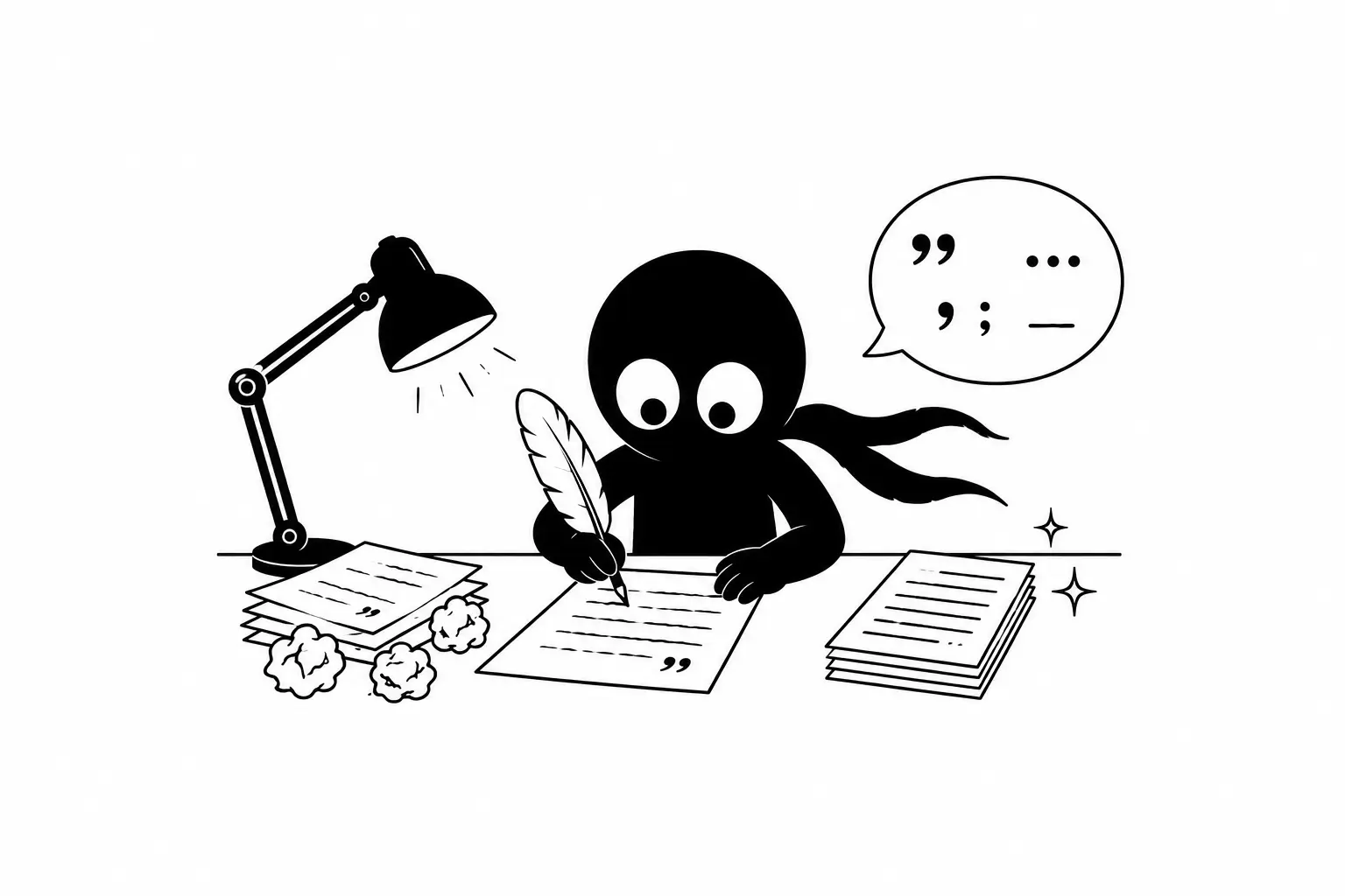Kiro rédige un dialogue fluide en travaillant la ponctuation et les incises dans un décor minimaliste noir et blanc