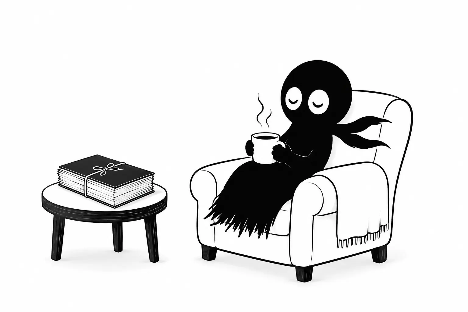 Kiro prend du recul après l’écriture, immobile et pensif sur fond blanc minimaliste.