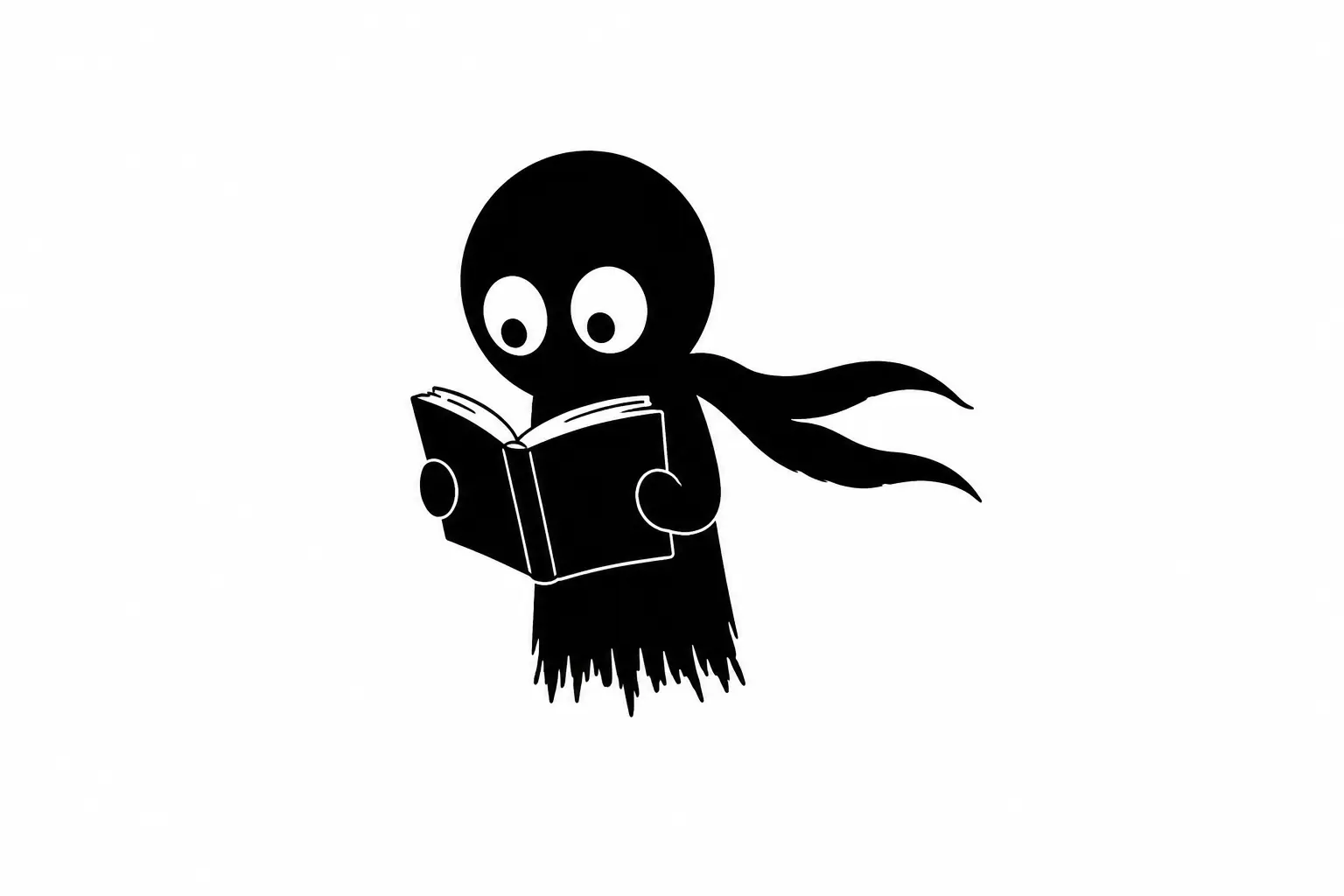 Kiro lit un livre avec attention, silhouette noire minimaliste sur fond blanc symbolisant la réflexion et l’authenticité des personnages.