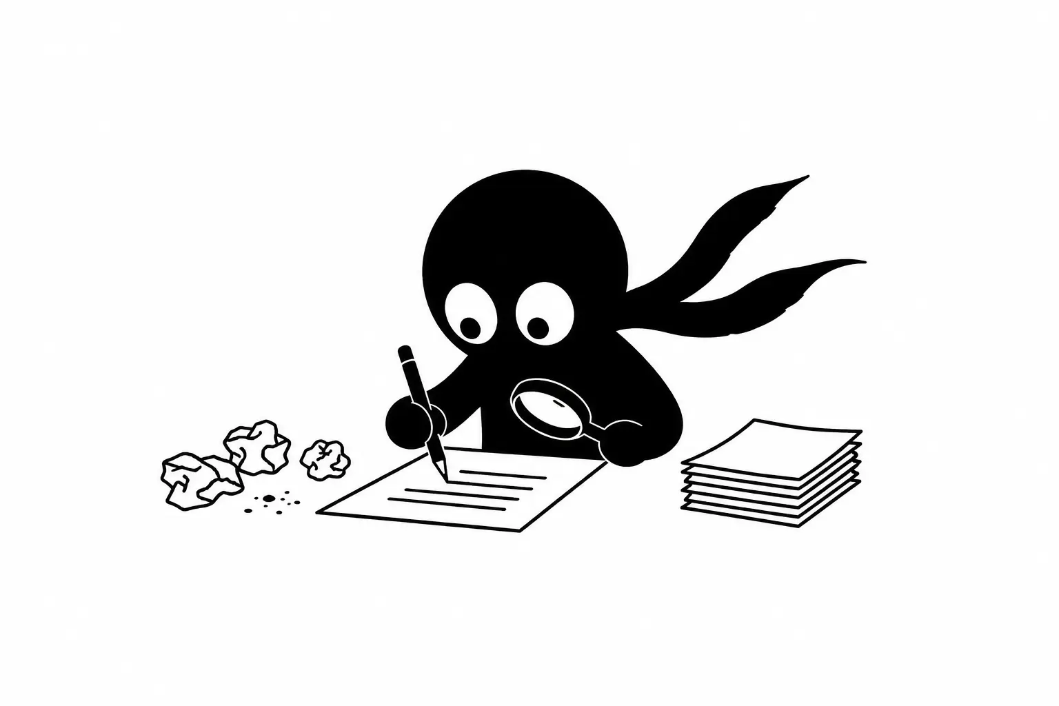 Kiro révise un manuscrit avec une loupe et un crayon, illustration minimaliste sur fond blanc représentant le micro-editing et la précision du style.