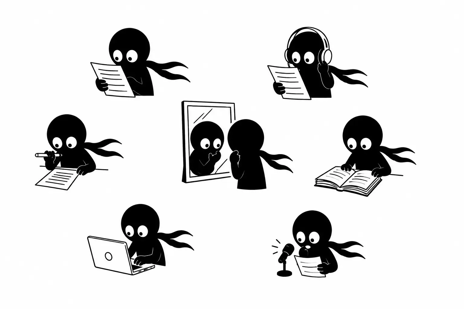 Kiro relit, écoute et analyse son manuscrit à travers différentes méthodes d’auto-correction dans une illustration minimaliste sur fond blanc.