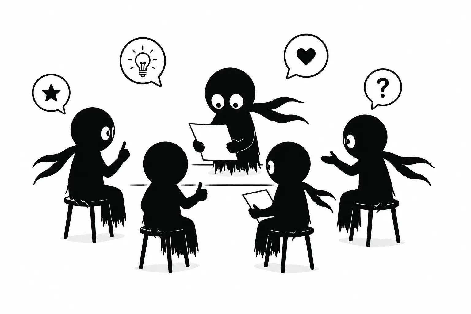 Kiro reçoit des retours critiques autour d’une table et échange avec plusieurs lecteurs bêta dans une scène minimaliste en noir et blanc.