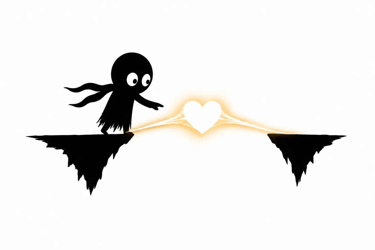 Kiro crée un pont émotionnel lumineux entre deux falaises dans une illustration minimaliste noir et blanc sur fond blanc.