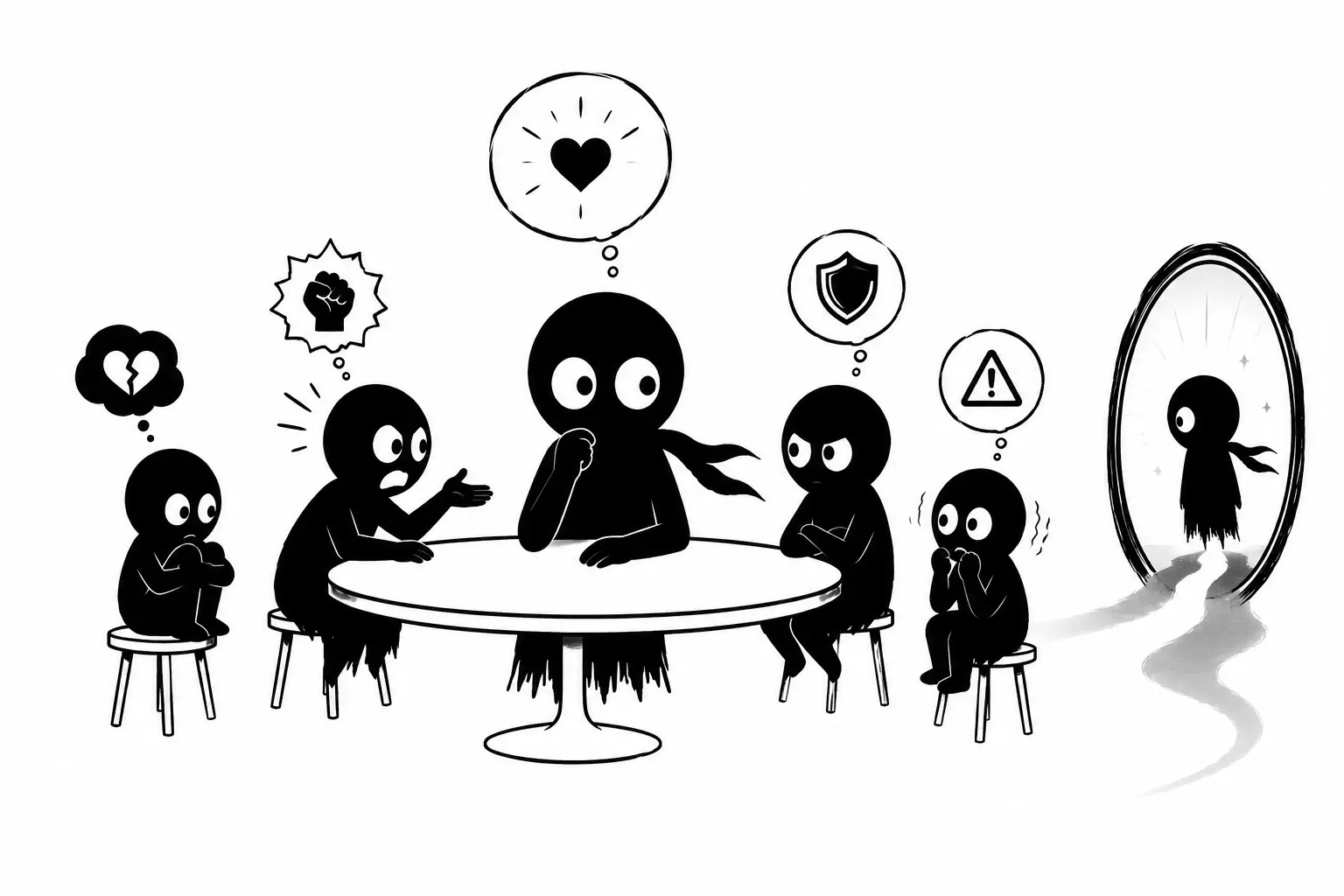 Kiro réunit plusieurs versions de lui même autour d’une table intérieure représentant ses blessures émotionnelles et ses conflits psychologiques.