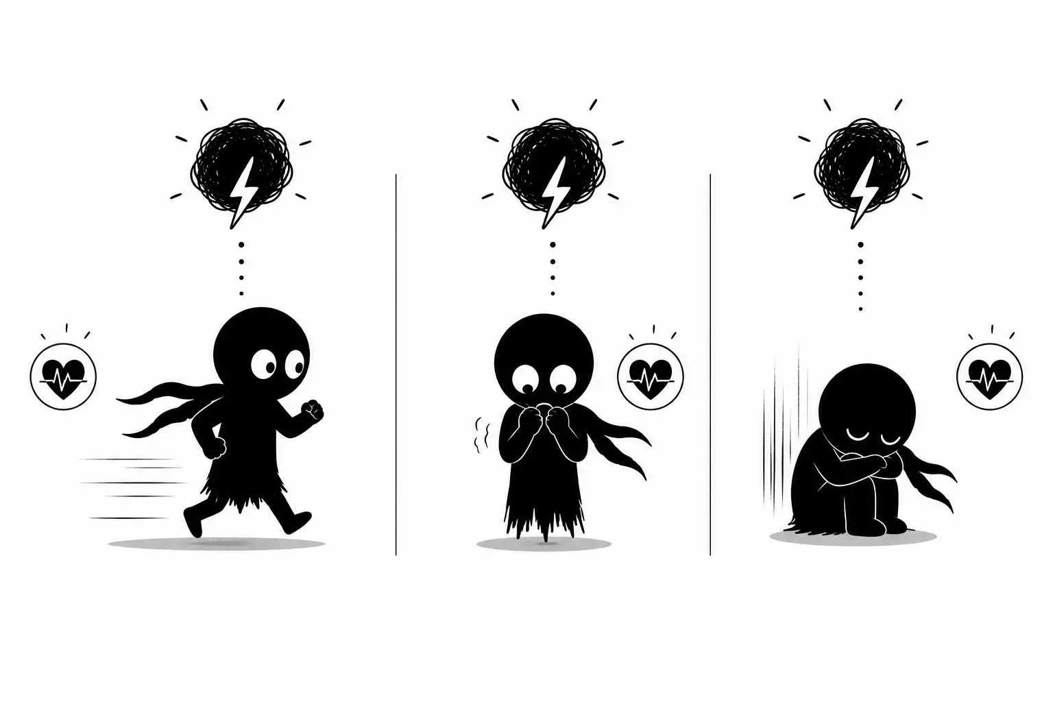 Kiro montre différentes réactions émotionnelles face au stress selon sa personnalité et son état intérieur dans une illustration minimaliste noir et blanc.