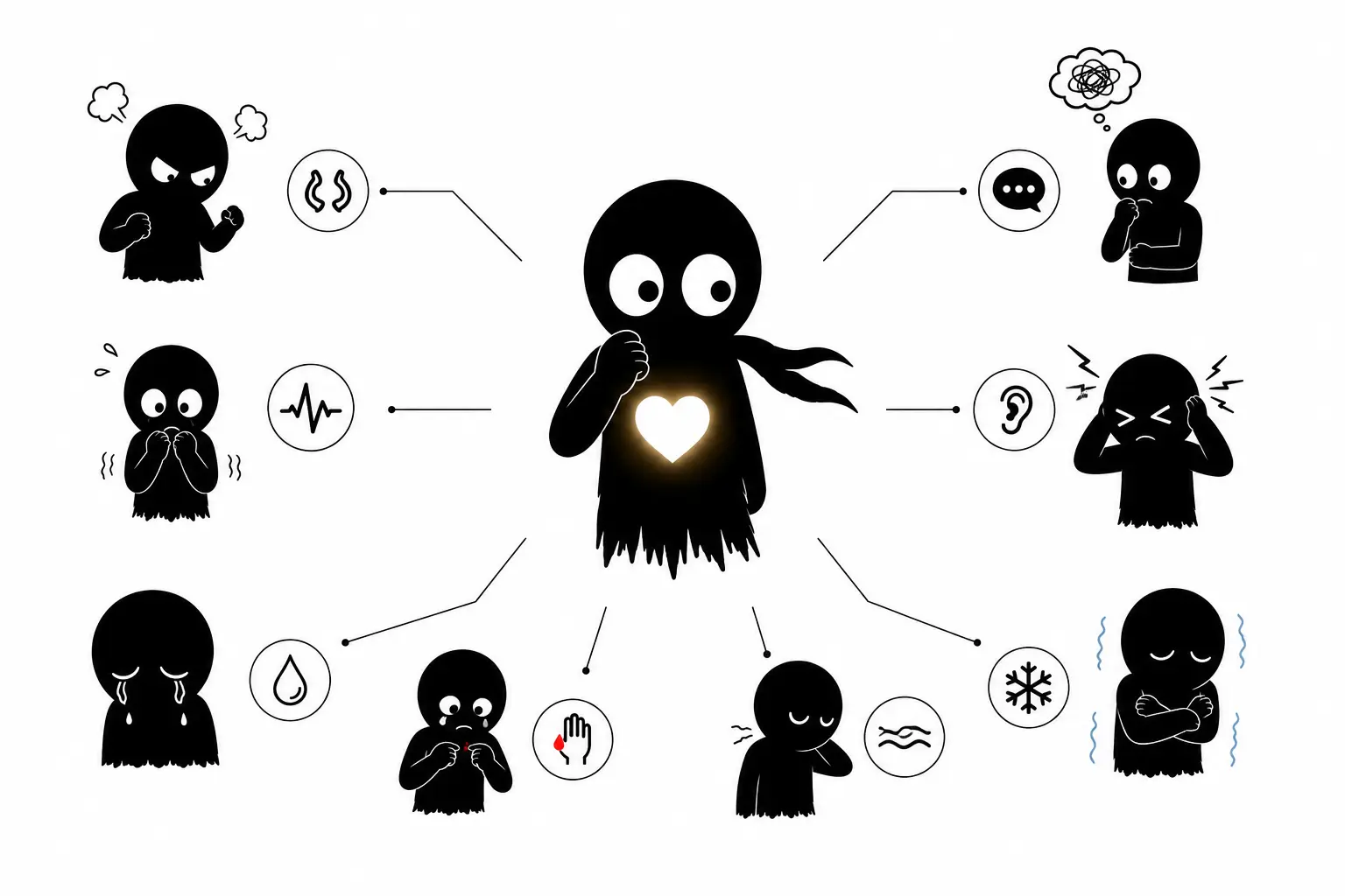 Kiro exprime ses émotions à travers le langage du corps et des sensations physiques dans une illustration minimaliste noir et blanc.