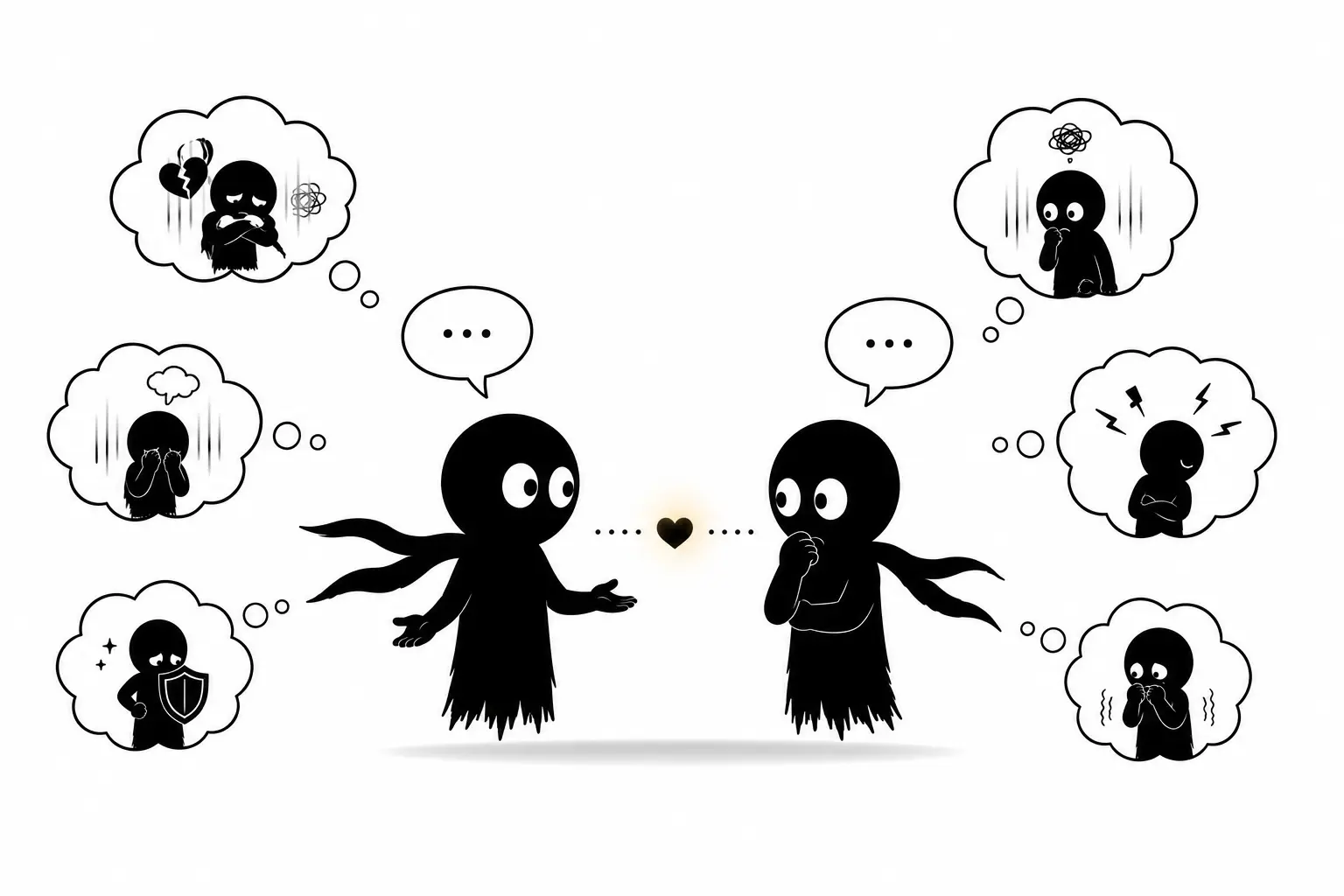Kiro communique ses émotions à travers les silences, les regards et le langage implicite dans une illustration minimaliste noir et blanc.