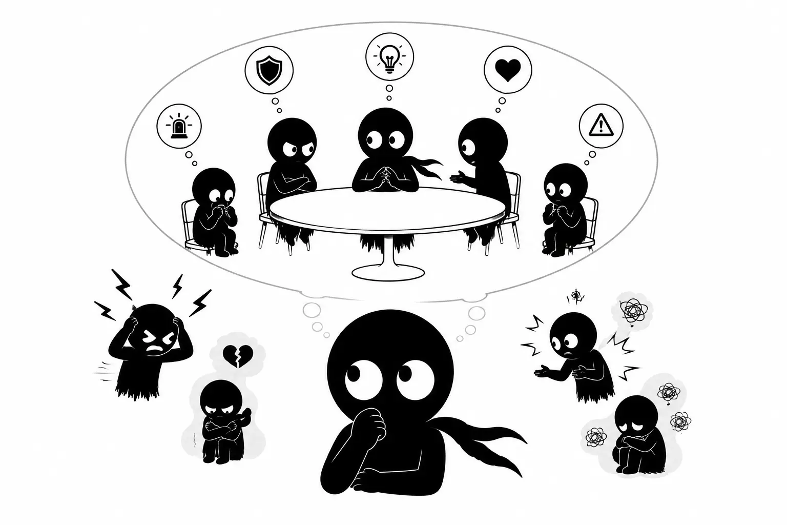Kiro affronte ses conflits intérieurs et les différentes voix de son esprit dans une illustration minimaliste noir et blanc.
