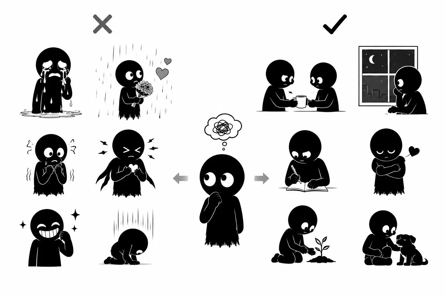 Kiro découvre la différence entre émotions forcées et émotions sincères dans une illustration minimaliste noir et blanc.
