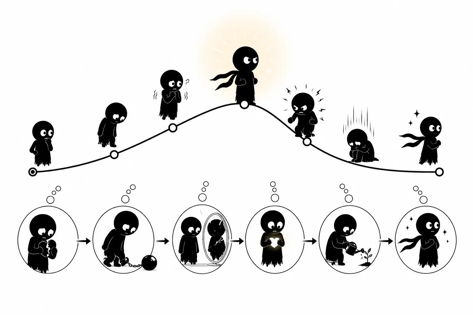 Kiro traverse différentes étapes émotionnelles qui façonnent son évolution intérieure dans une illustration minimaliste noir et blanc.