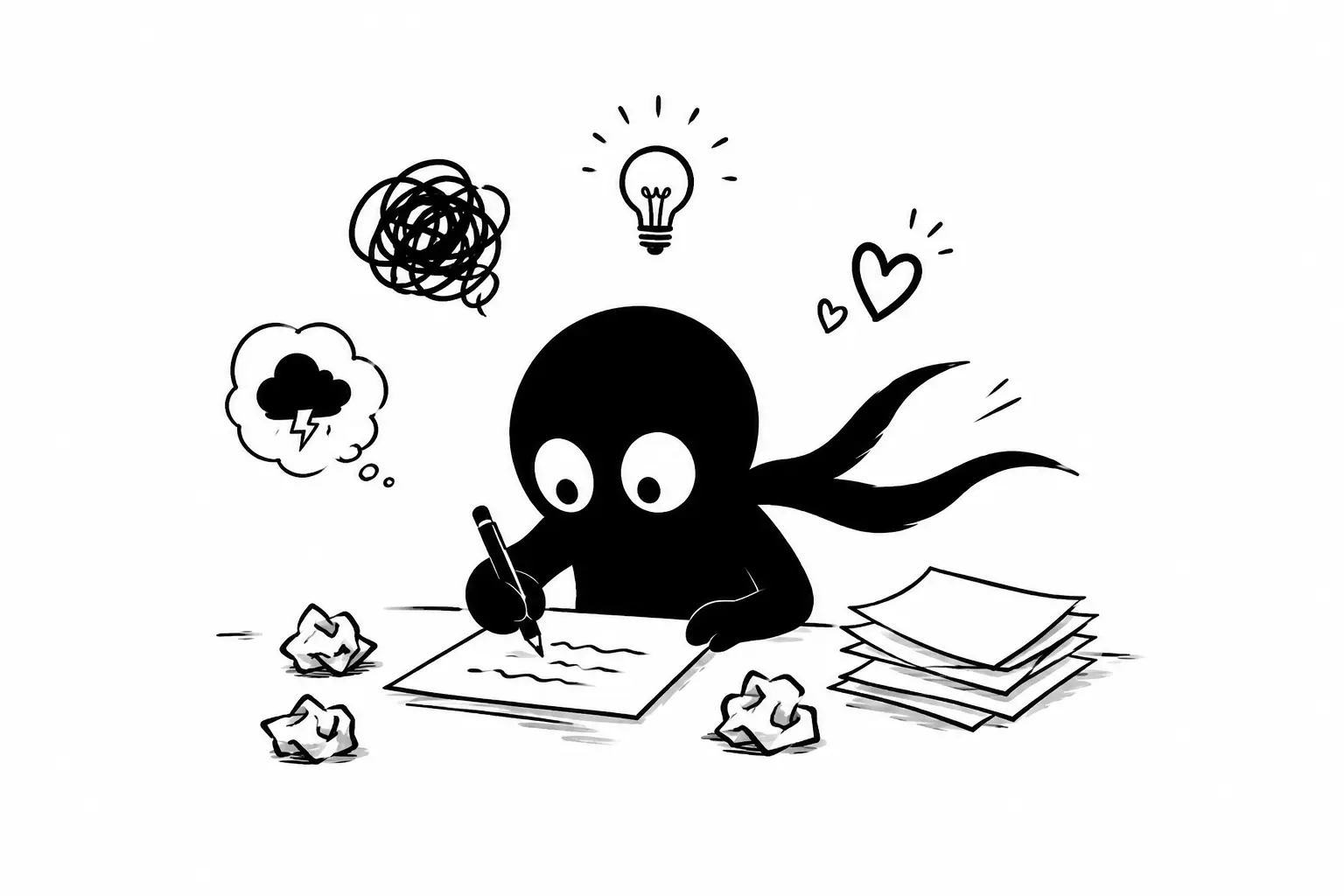 Kiro, petit personnage noir minimaliste, écrit un brouillon au milieu du chaos créatif avec des idées, émotions et doutes flottant autour de lui sur fond blanc.