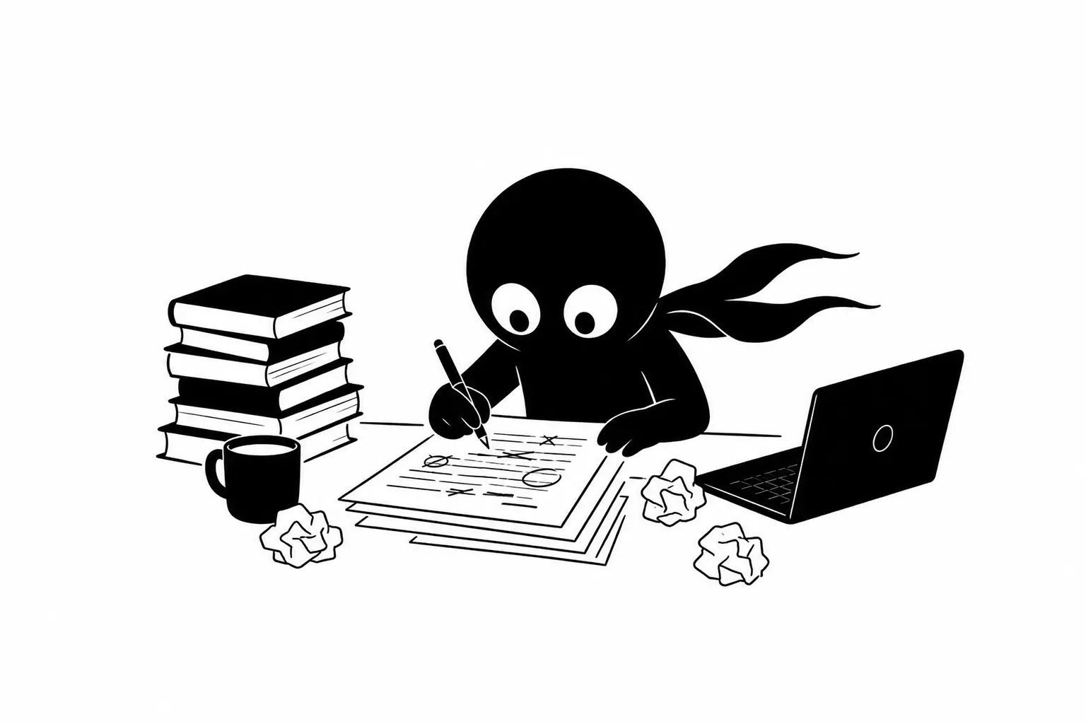 Kiro révise et corrige un manuscrit à son bureau entouré de livres, feuilles annotées et brouillons froissés dans une illustration minimaliste noir et blanc.