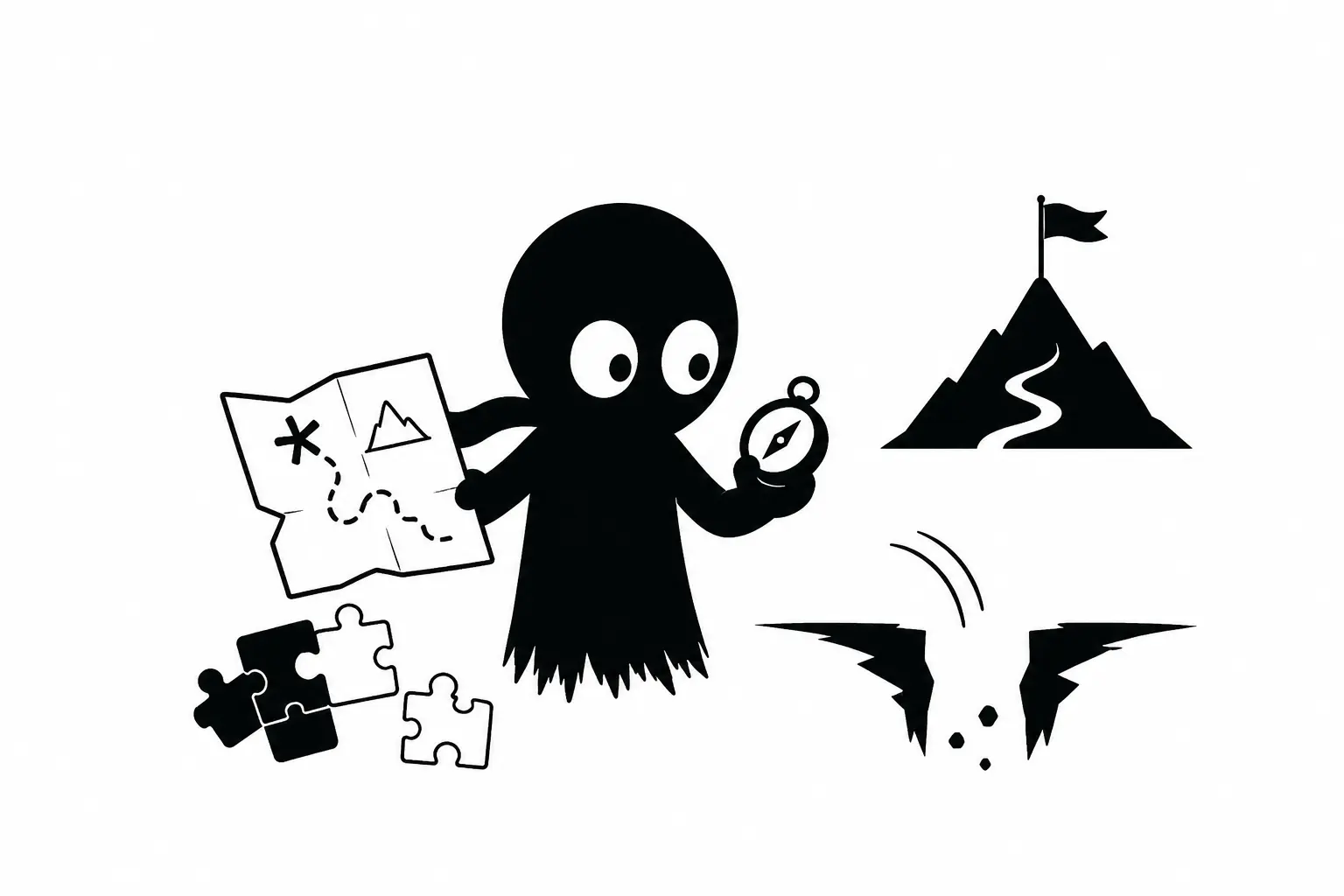 Kiro explore une intrigue avec une carte, une boussole et des pièces de puzzle symbolisant la construction d’un concept unique et les enjeux narratifs.