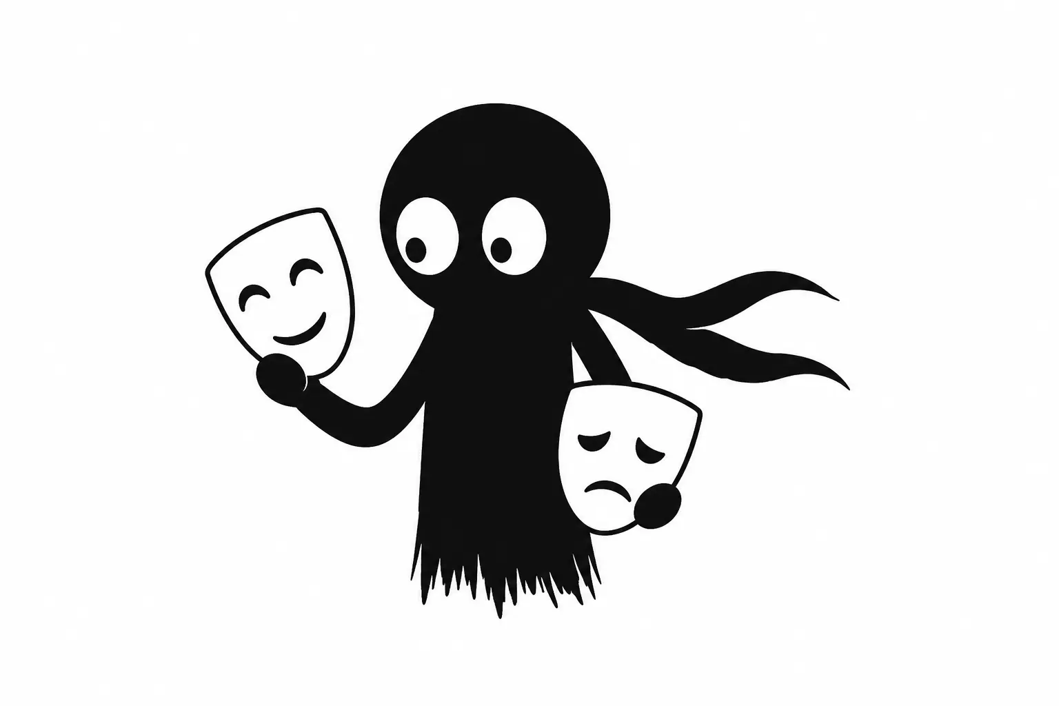 Kiro tient deux masques opposés, l’un joyeux et l’autre triste, illustrant les failles émotionnelles et la dualité d’un personnage sur fond blanc minimaliste.
