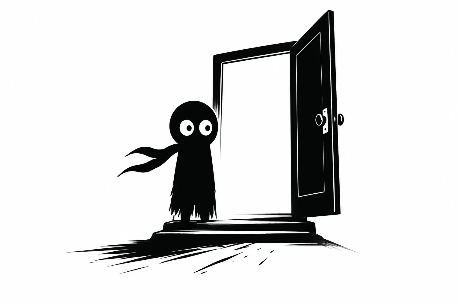 Illustration minimaliste en noir et blanc de Kiro devant une porte ouverte lumineuse, symbolisant le début d’une aventure ou d’un premier chapitre captivant.