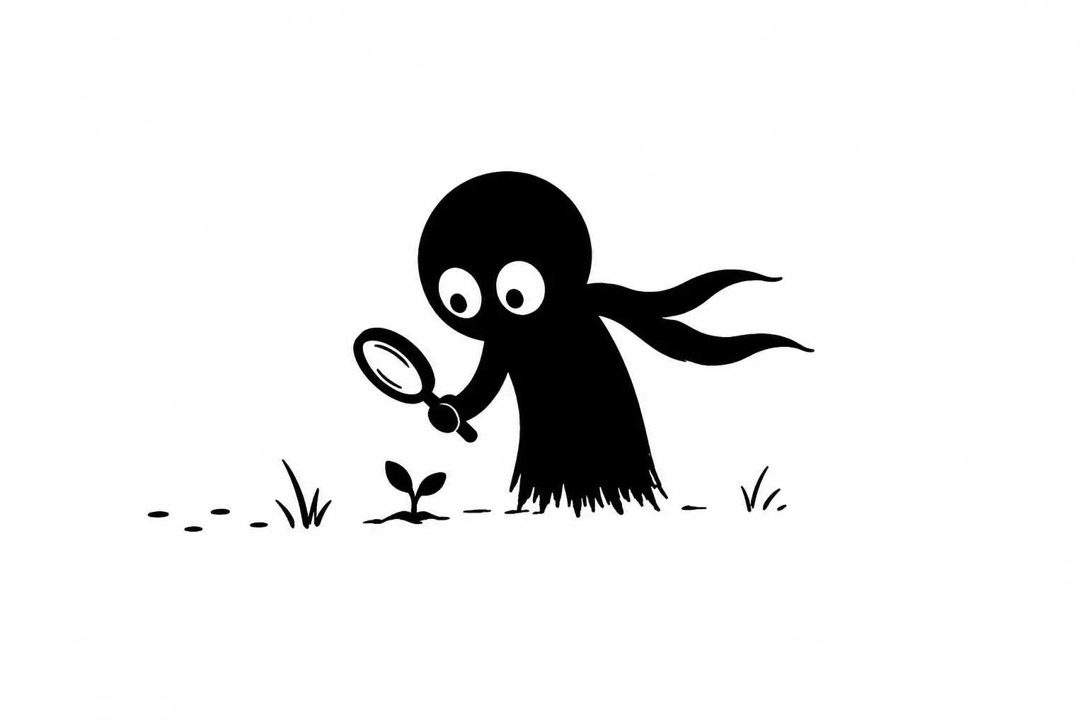 Kiro explore une petite pousse avec une loupe dans une illustration minimaliste noir et blanc sur fond blanc, symbole de curiosité et d’immersion sensorielle.