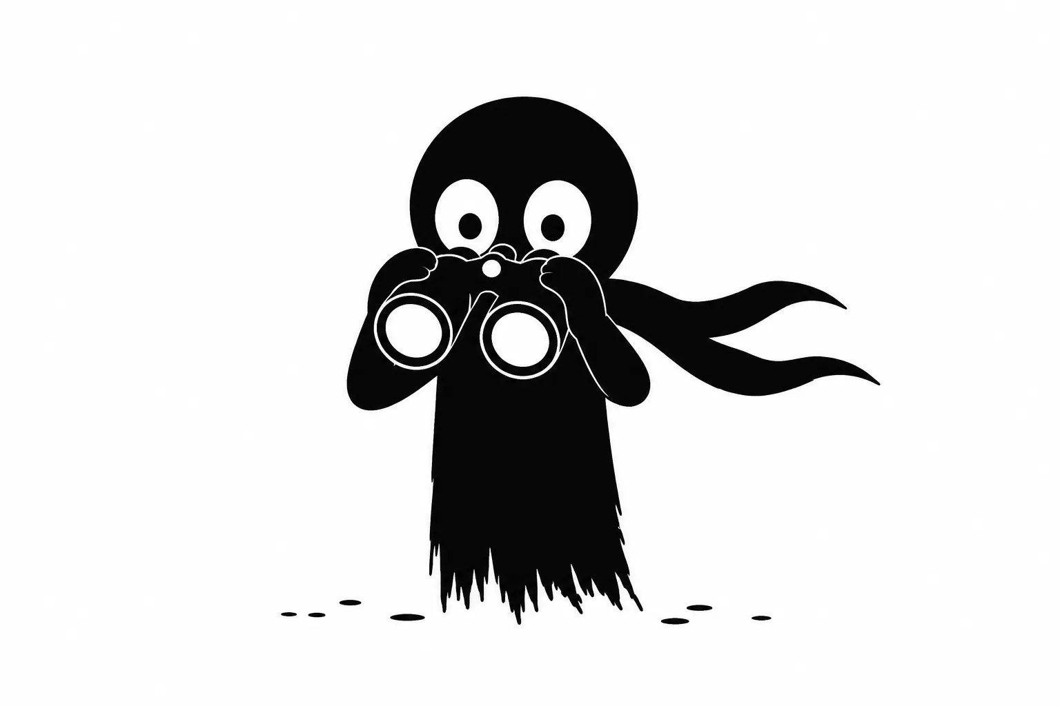 Kiro observe à travers des jumelles dans une illustration minimaliste en noir et blanc représentant le contrôle du point de vue narratif et la cohérence en écriture.