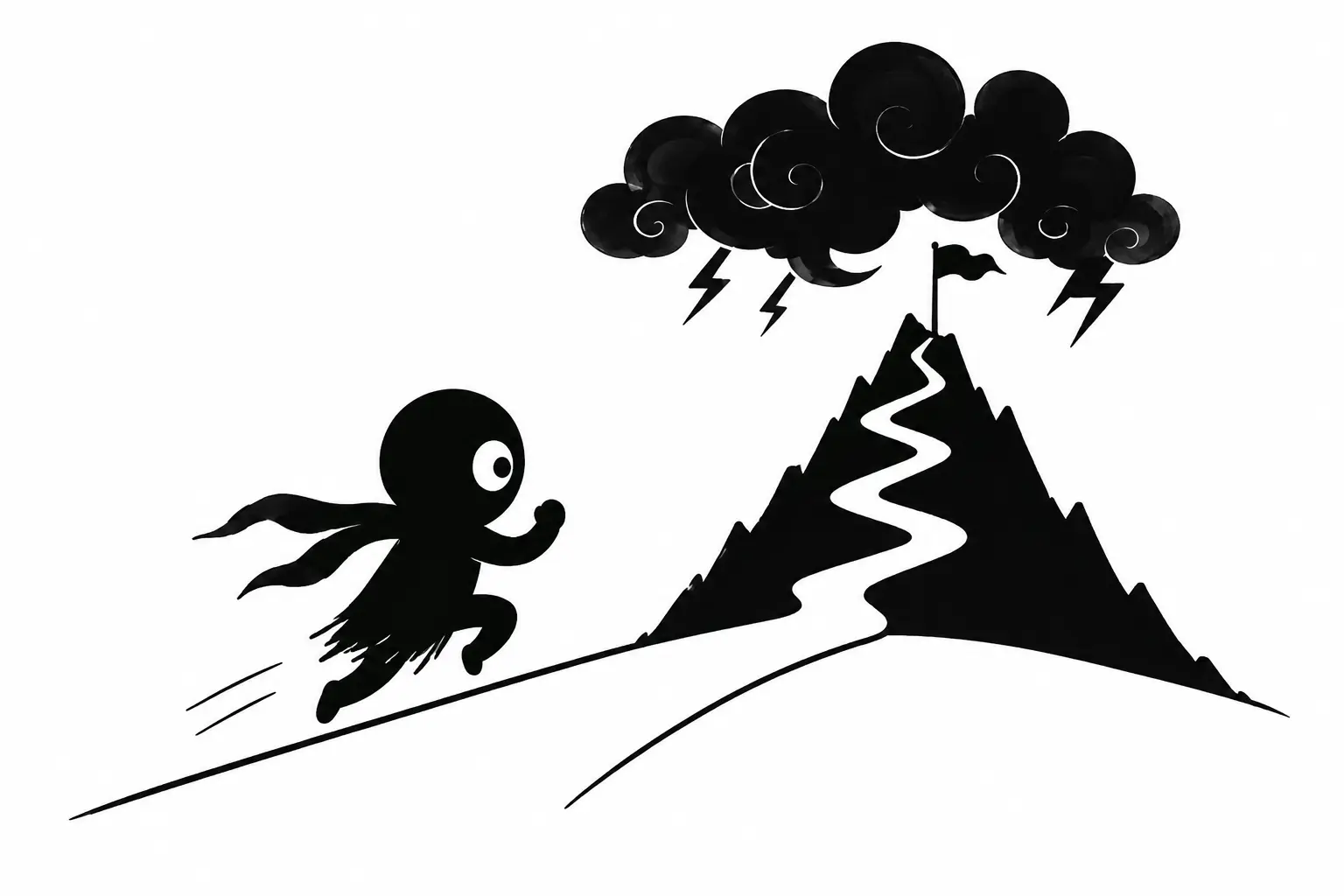 Kiro court vers une montagne sombre sous un orage, symbolisant la montée de la tension dramatique et la détermination face aux enjeux.