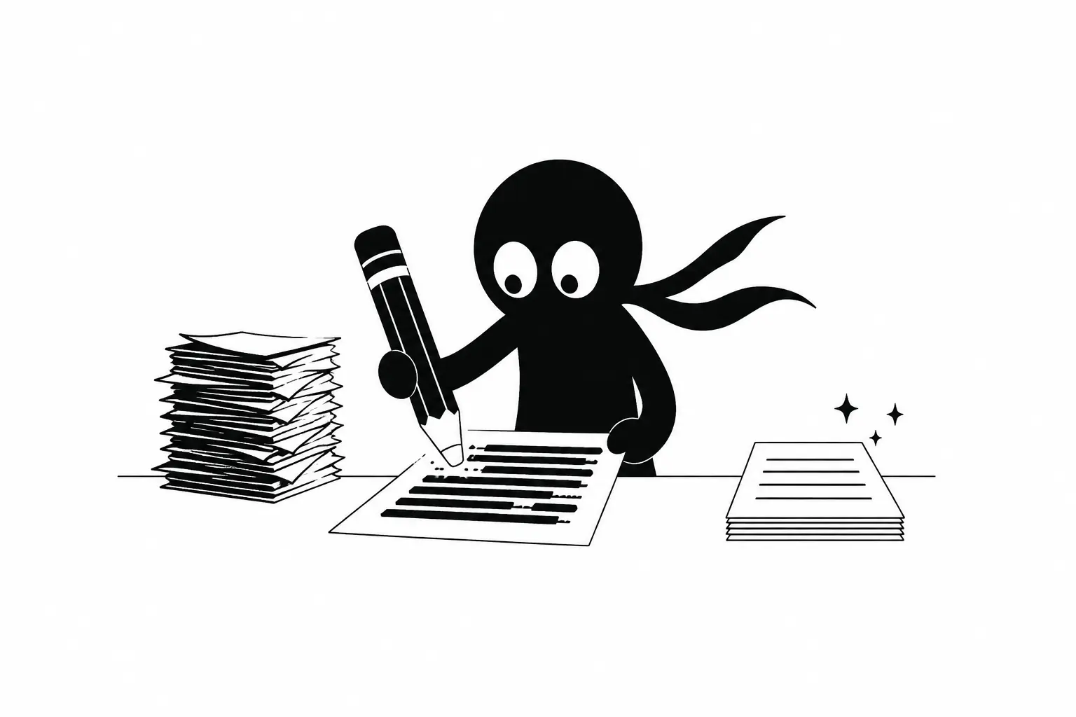 Kiro édite un manuscrit avec un grand crayon, supprimant les éléments inutiles pour rendre le texte plus clair et précis.
