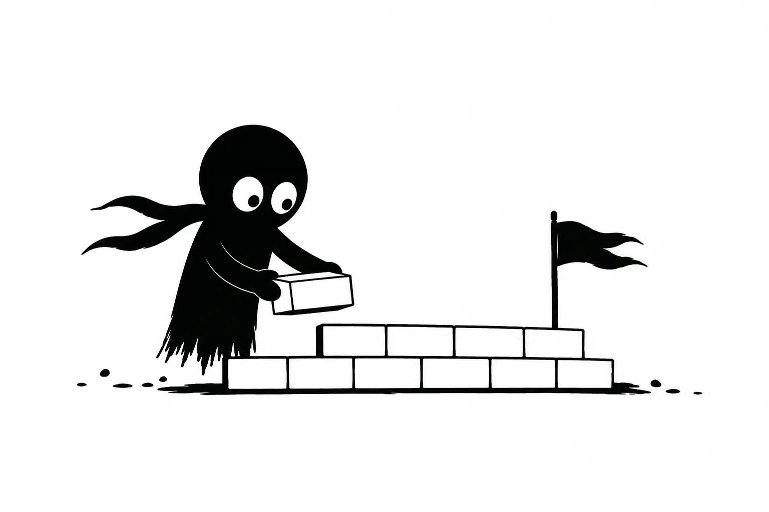 Kiro construit les fondations d’une structure symbolique sur fond blanc, représentant la préparation d’une fin de roman solide et mémorable.