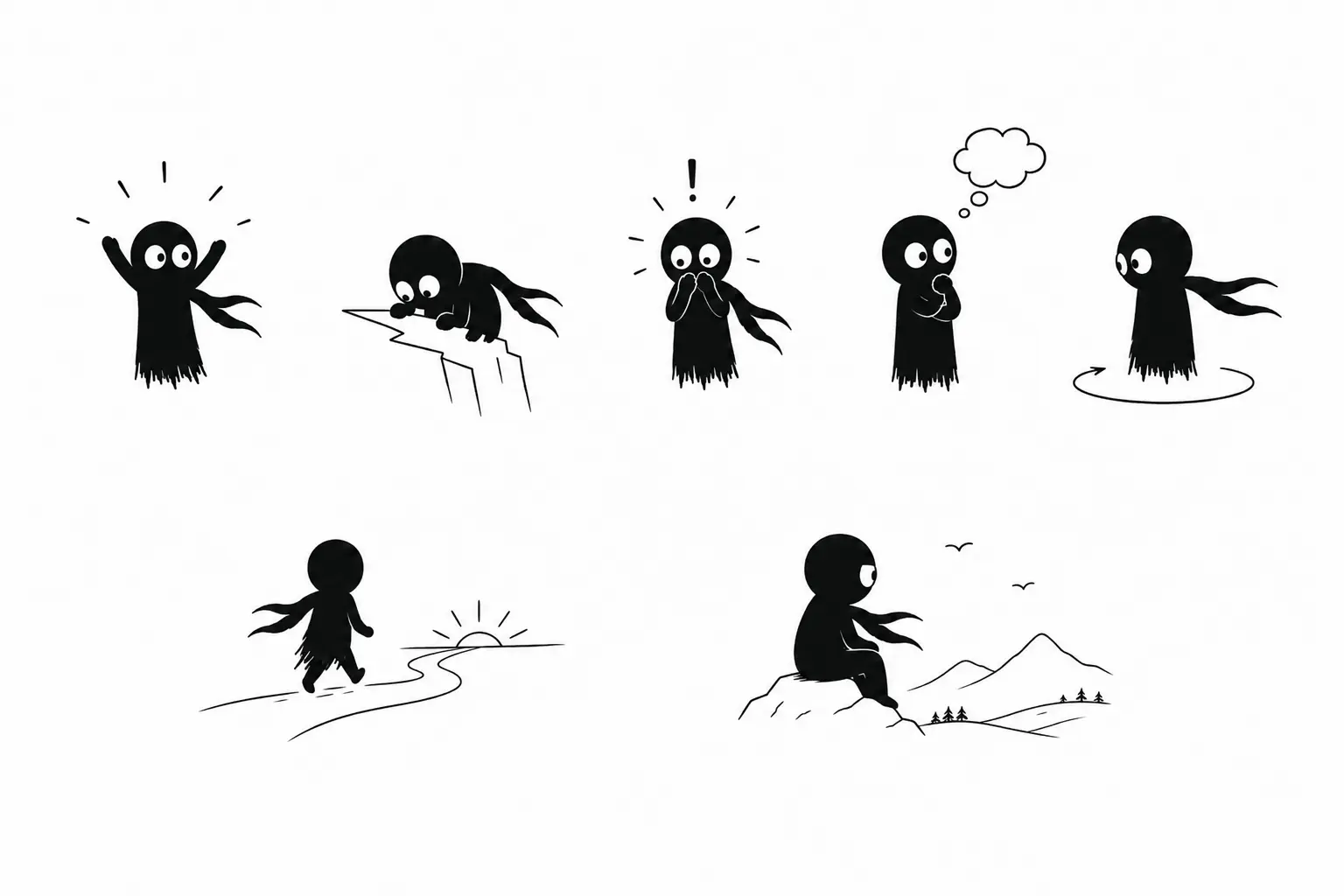 Illustration minimaliste en noir et blanc de Kiro représentant différentes formes de dénouement narratif : surprise, réflexion, suspense, exploration et conclusion intérieure.