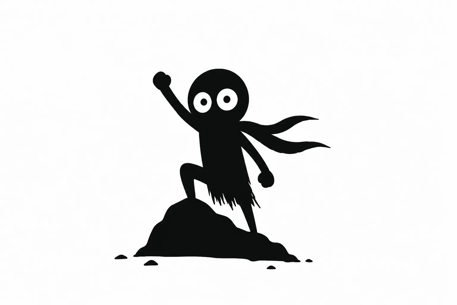Kiro, silhouette noire minimaliste, se tient victorieux sur un rocher avec le bras levé, illustrant l’évolution et l’accomplissement du héros dans un récit.