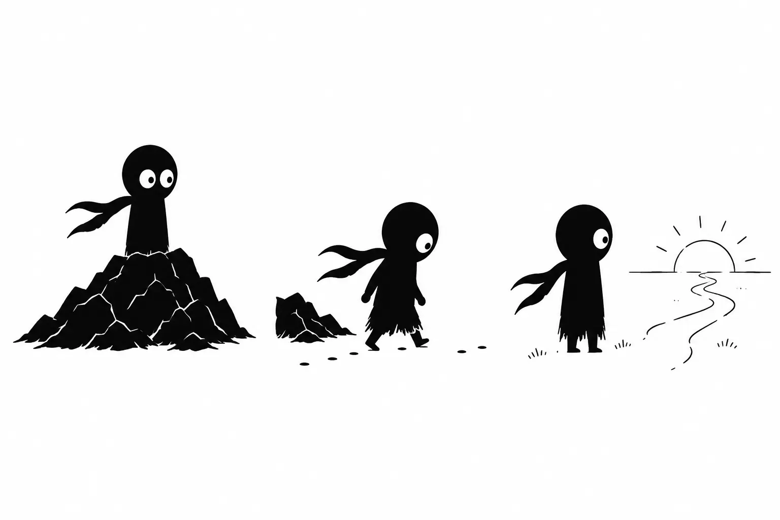 Kiro marche après le climax d’une aventure, quittant une montagne sombre pour avancer vers un nouvel horizon lumineux sur fond blanc minimaliste.