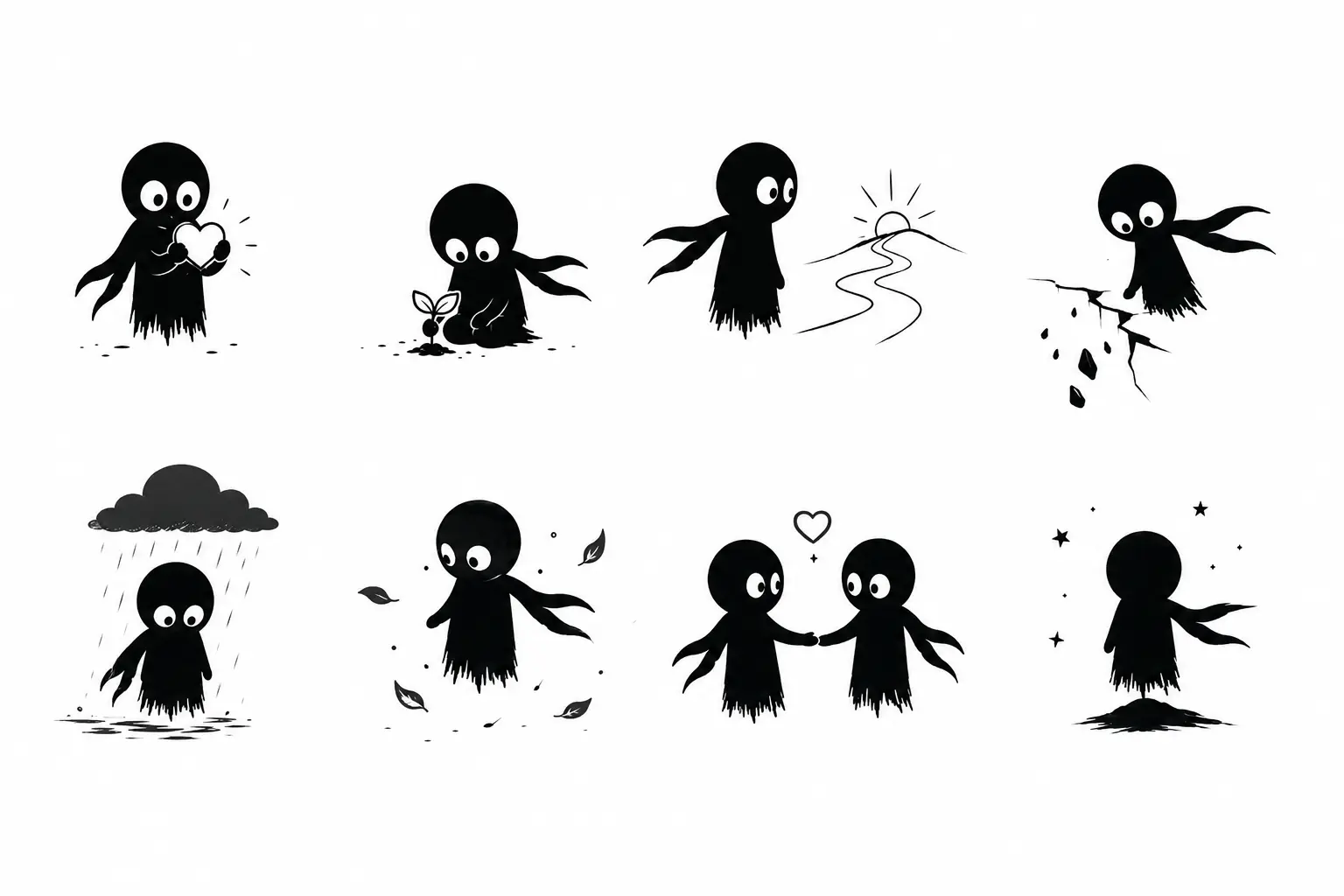 Illustration minimaliste de Kiro sur fond blanc représentant différentes émotions et étapes d’un parcours intérieur, entre espoir, perte, réflexion et résonance émotionnelle.